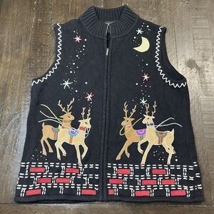 VTG Studio Joy Womens Large Ugly Christmas Sweater Vest Reindeer Embroidery Bead